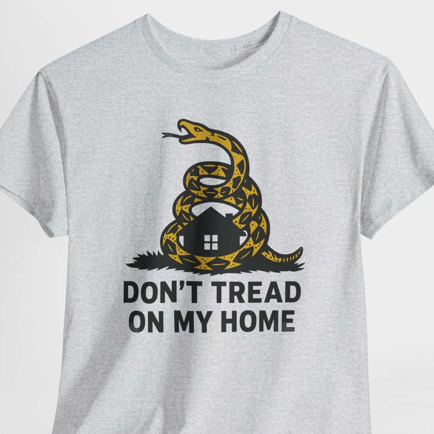 Gray t-shirt with a snake graphic and text 'Don't Tread on My Home' on a white background