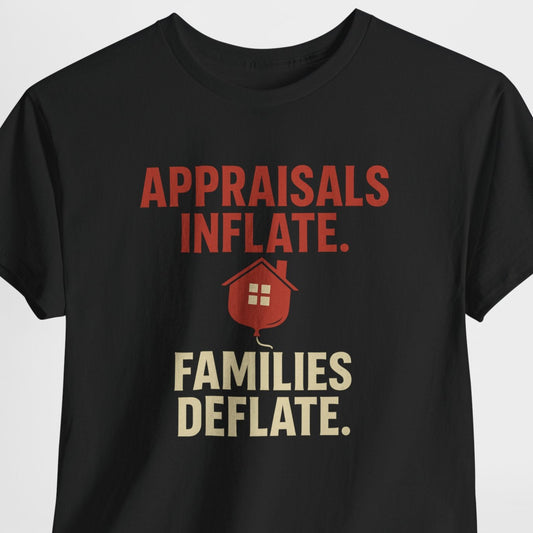 Black t-shirt with red and white text on a light gray background