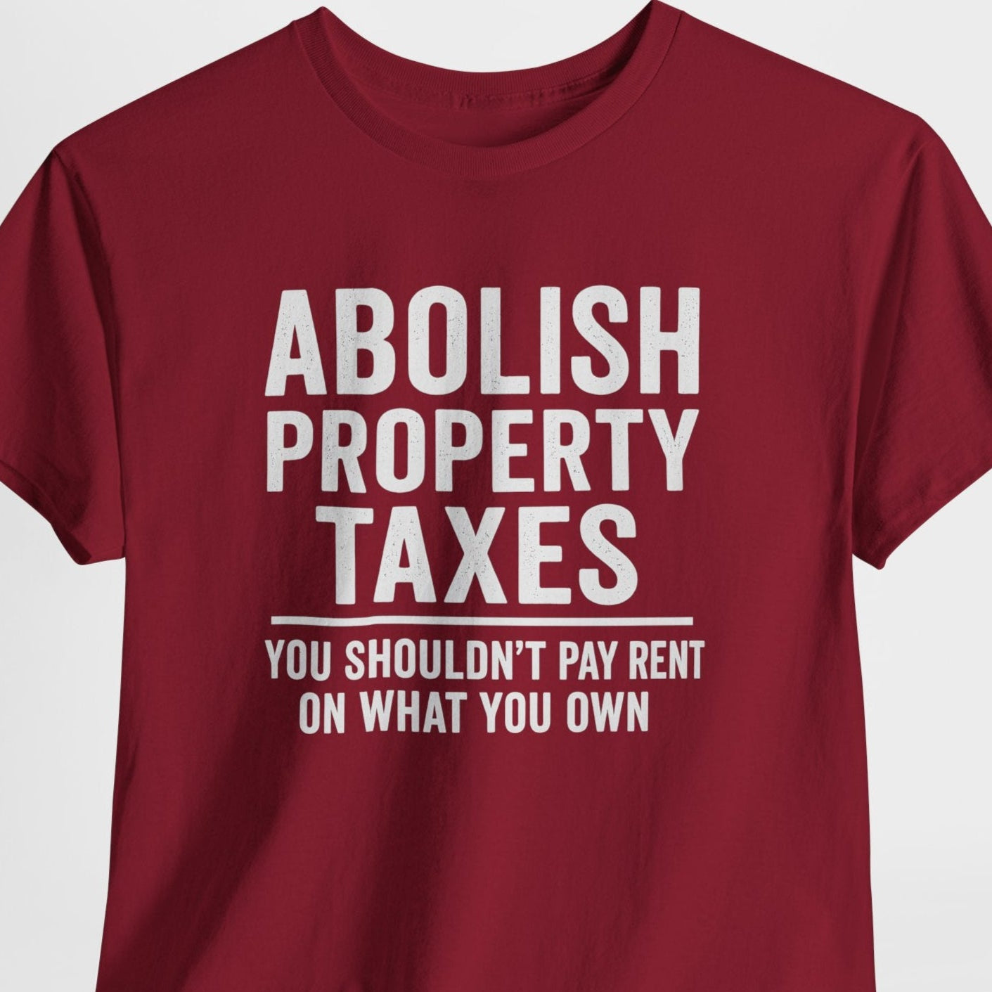 Red t-shirt with white text on a light gray background