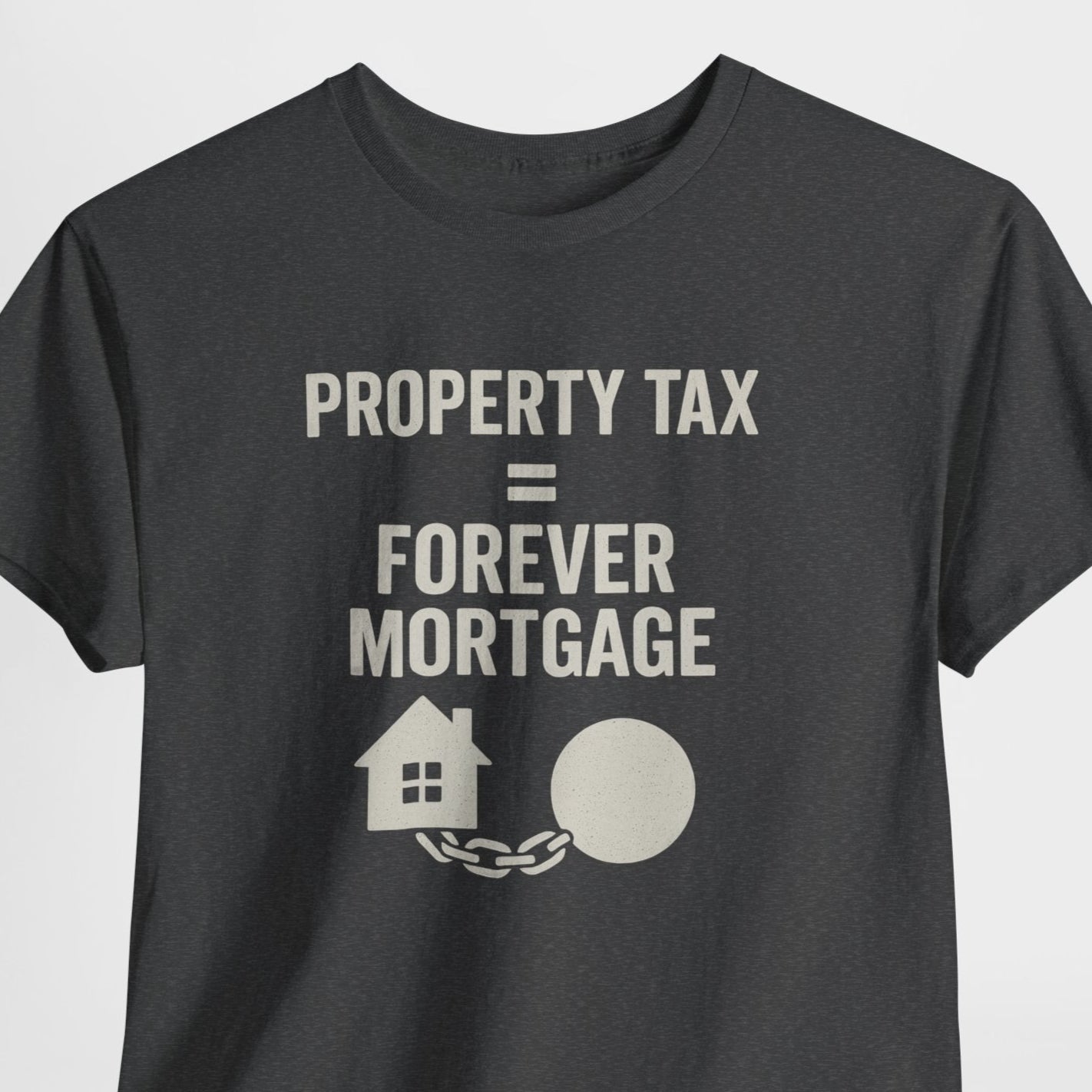 Black t-shirt with white text and graphics on a light gray background