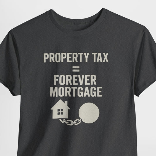 Black t-shirt with white text and graphics on a light gray background