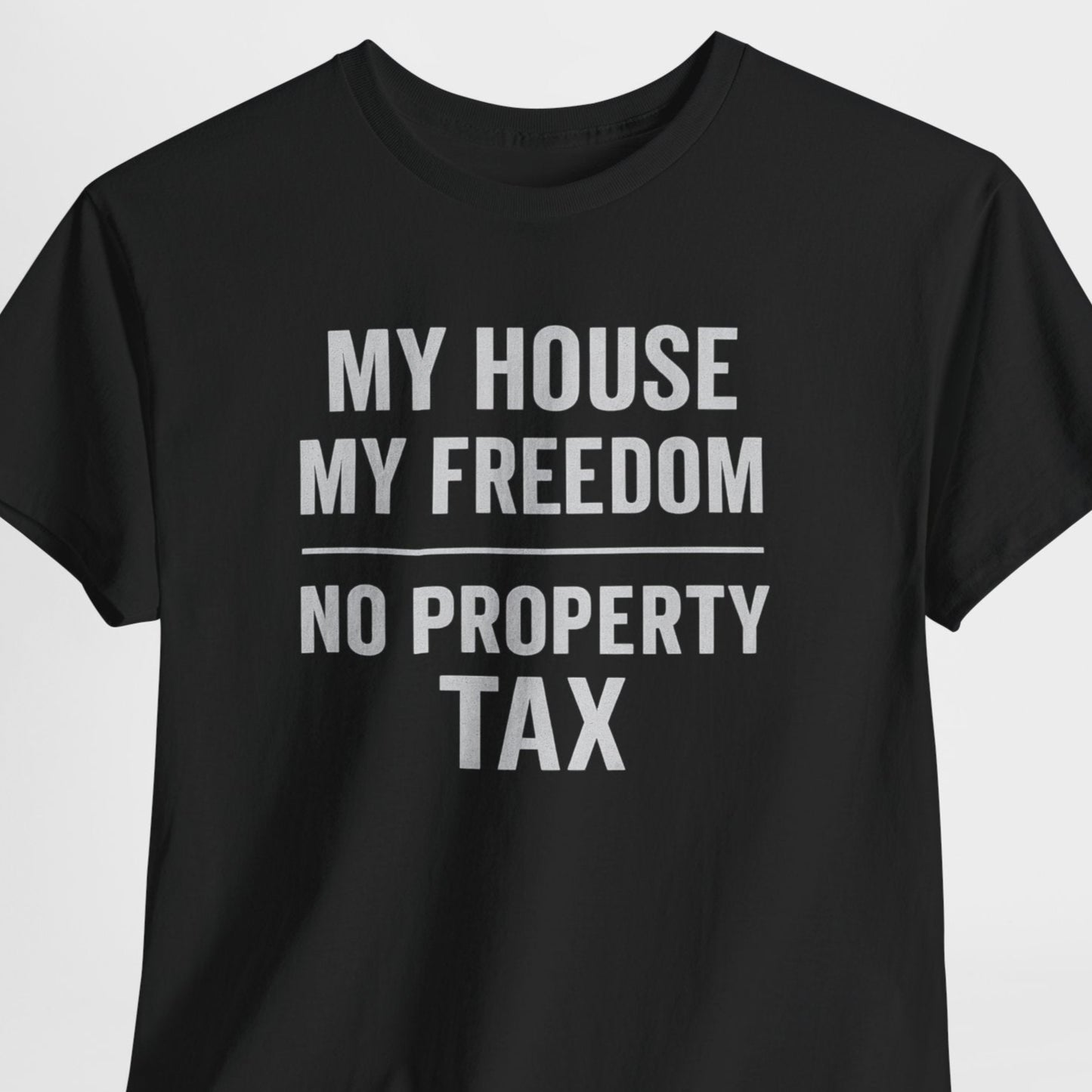 Black t-shirt with white text on a light gray background