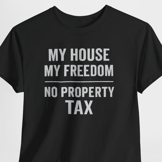 Black t-shirt with white text on a light gray background