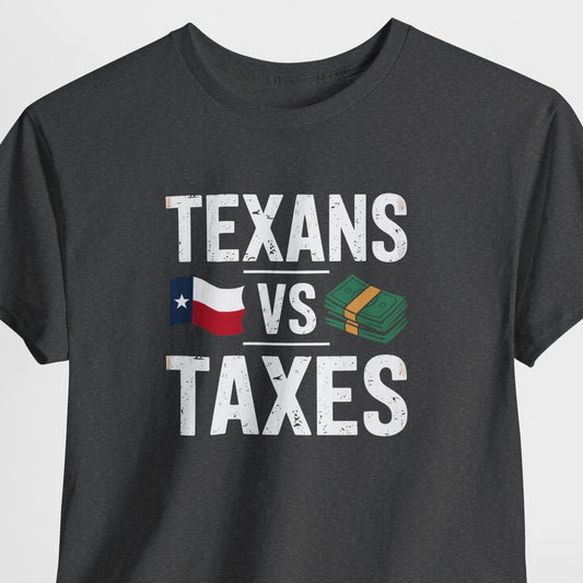 Black t-shirt with 'Texans vs Taxes' text and graphics on a light gray background