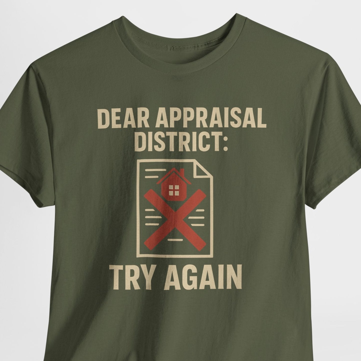 Green t-shirt with humorous text design on a white background