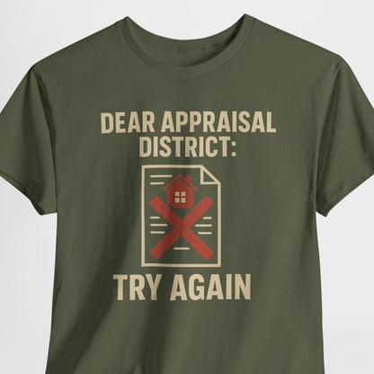 Green t-shirt with humorous text design on a white background