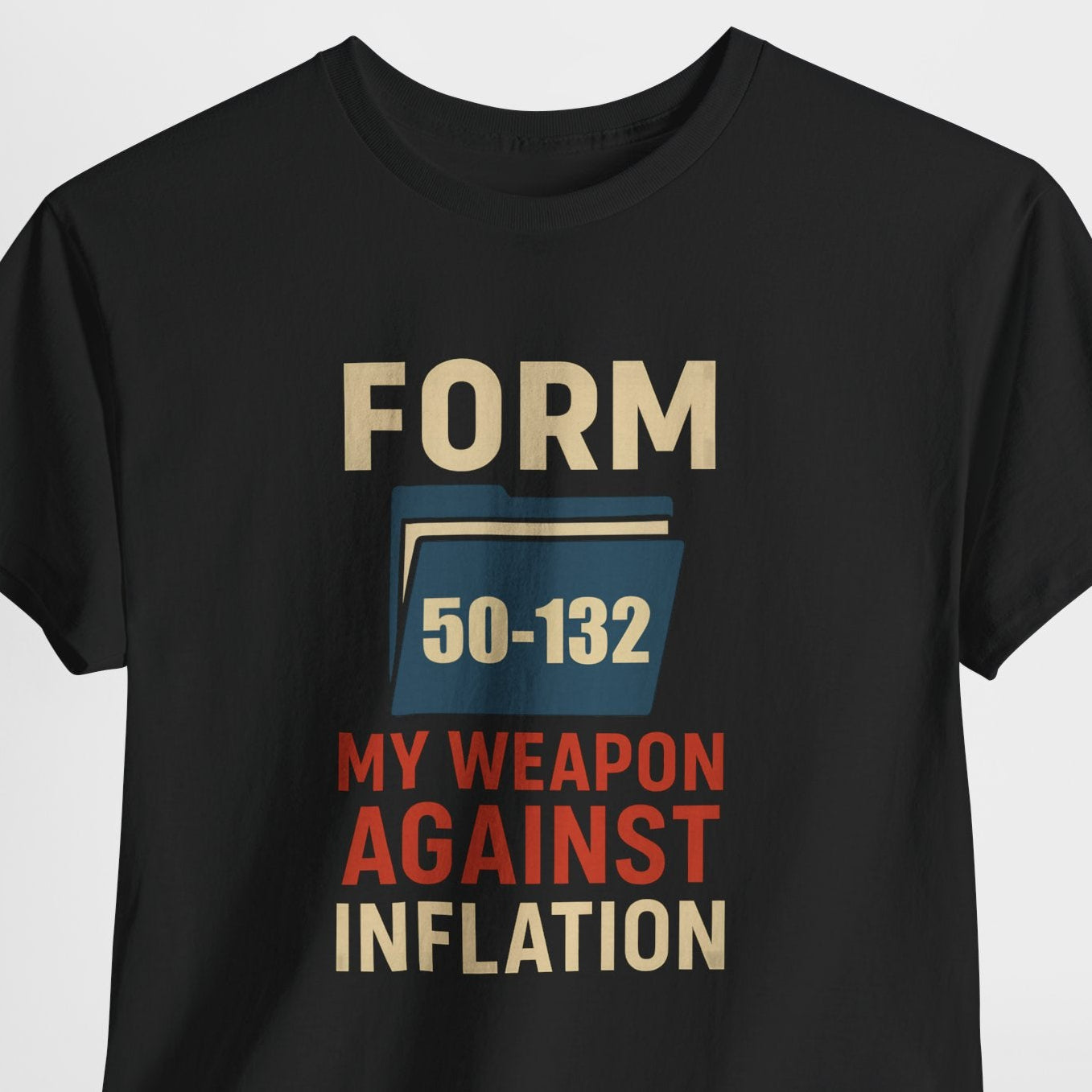 Black t-shirt with text and graphic design on a light gray background
