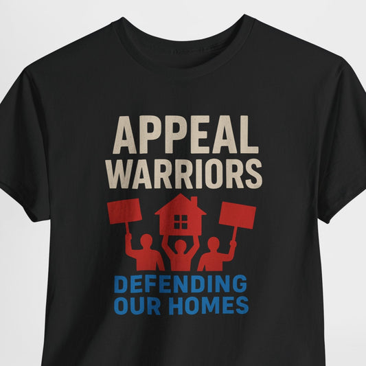 Black t-shirt with 'Appeal Warriors Defending Our Homes' text and graphics on a light gray background