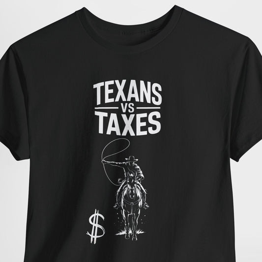Black t-shirt with 'Texans vs Taxes' graphic design on a light gray background
