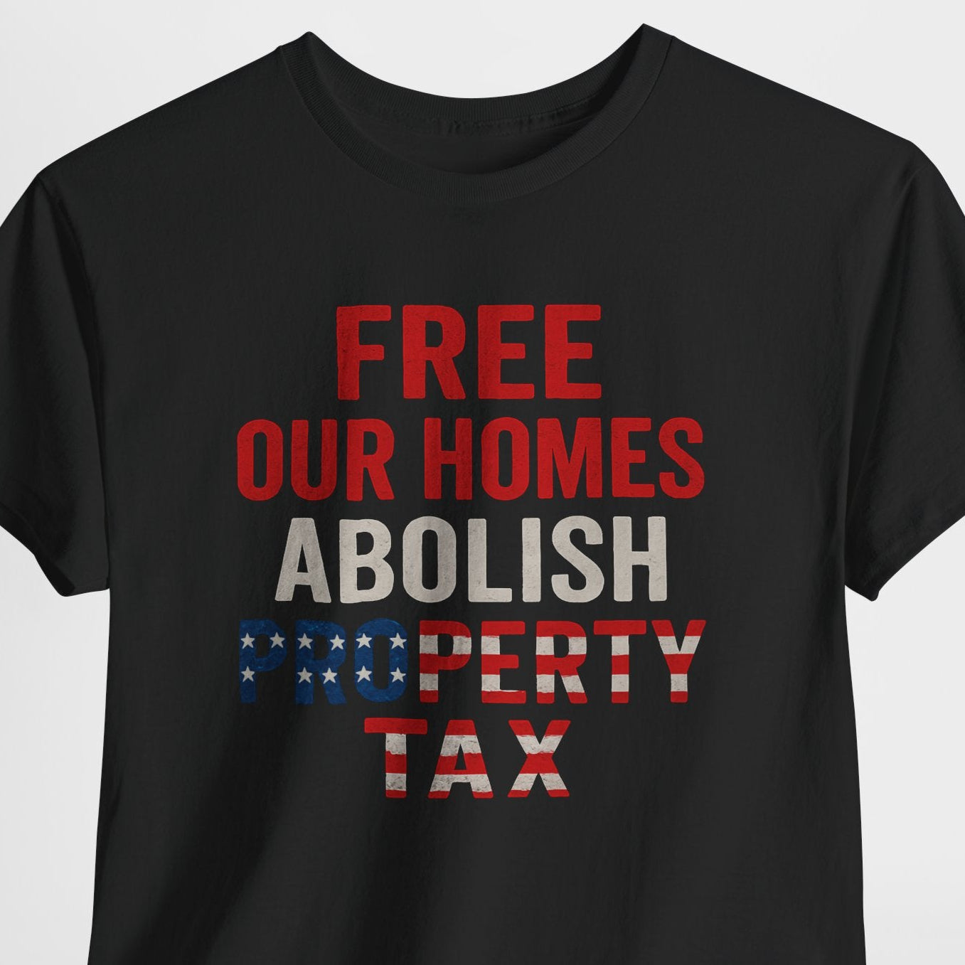 Black t-shirt with red and white text on a light gray background