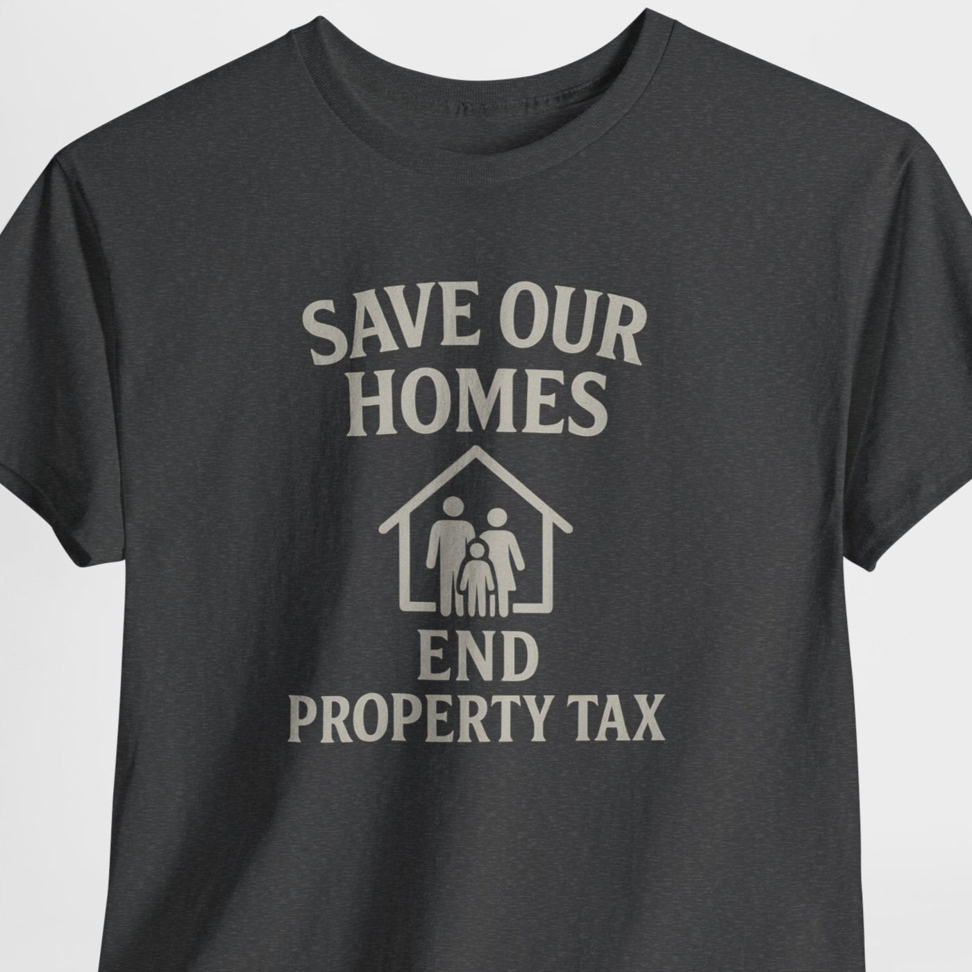 Black t-shirt with white text and graphic on a light gray background